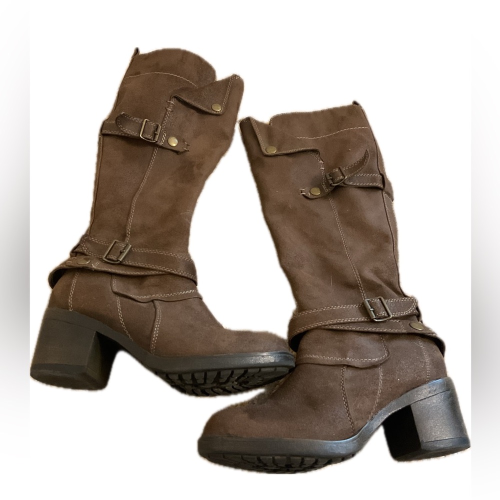 MIA Brown Sabato Belted Knee High Moto Boots.